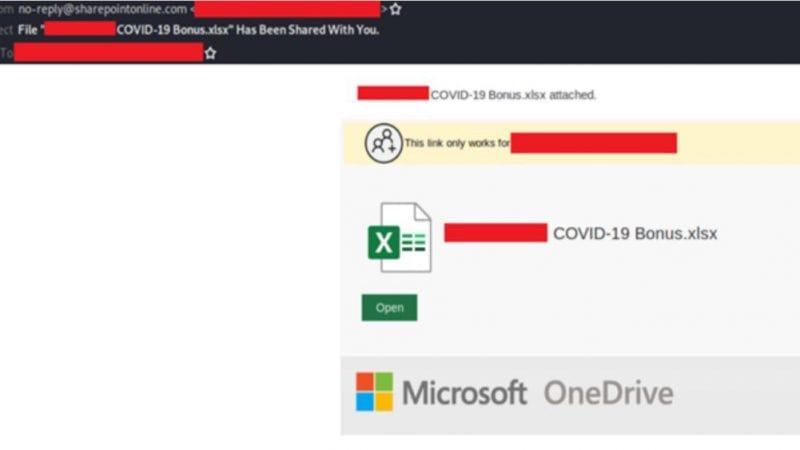 Een screenshot van de Microsoft OneDrive-pagina die de efficiëntie van corona-phishing-aanvallen demonstreert.